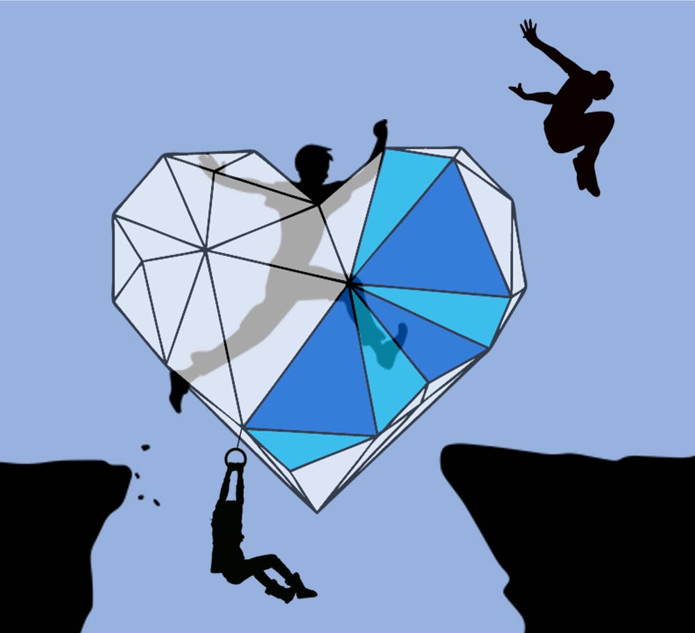 The I Love Adventure heart — adventurers climbing a faceted heart between two cliffs